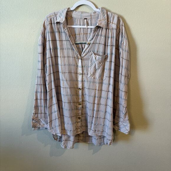 Free People Women’s Plaid Shirt Button Up Break My Stripe Long Sleeve Size Large - Picture 2 of 14